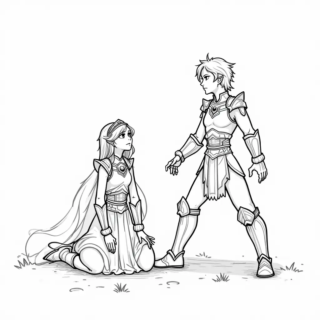 Black and white sketch - Cassiel's readiness pose: Arlas and Cassiel are outside, coordinating in some form.