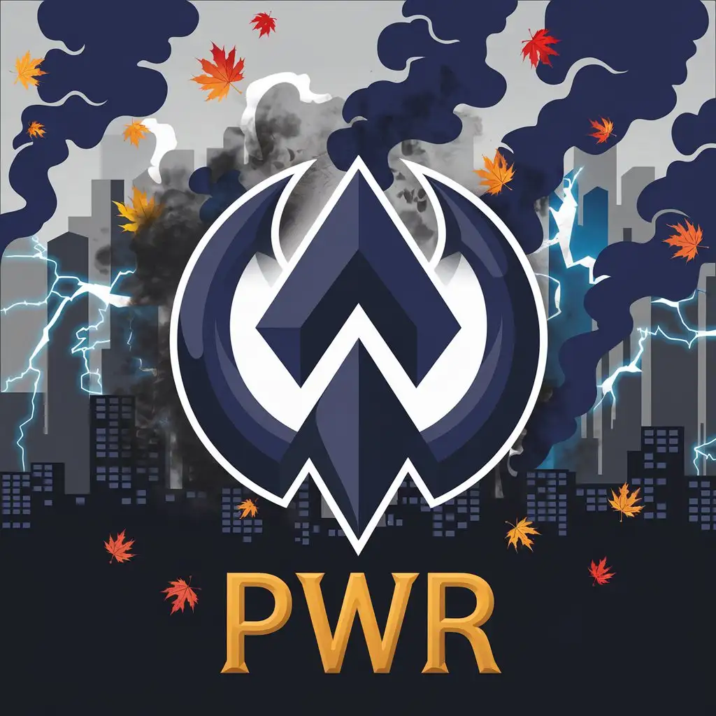 LOGO Design for PWR Dark Blue White Smoky Mist with Gold Text and Autumn Leaves