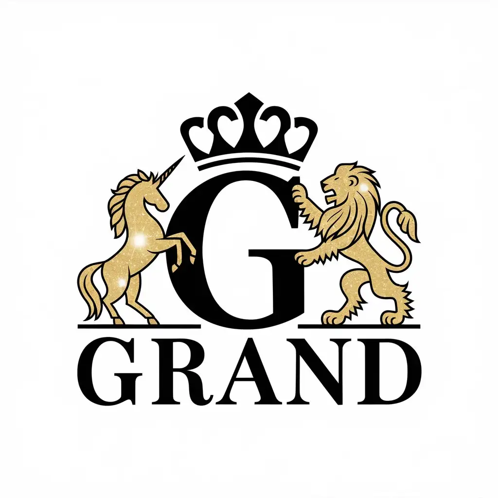 LOGO Design for G Grand Sparkle Gold Lion Unicorn and Crown Symbol for Real Estate Industry