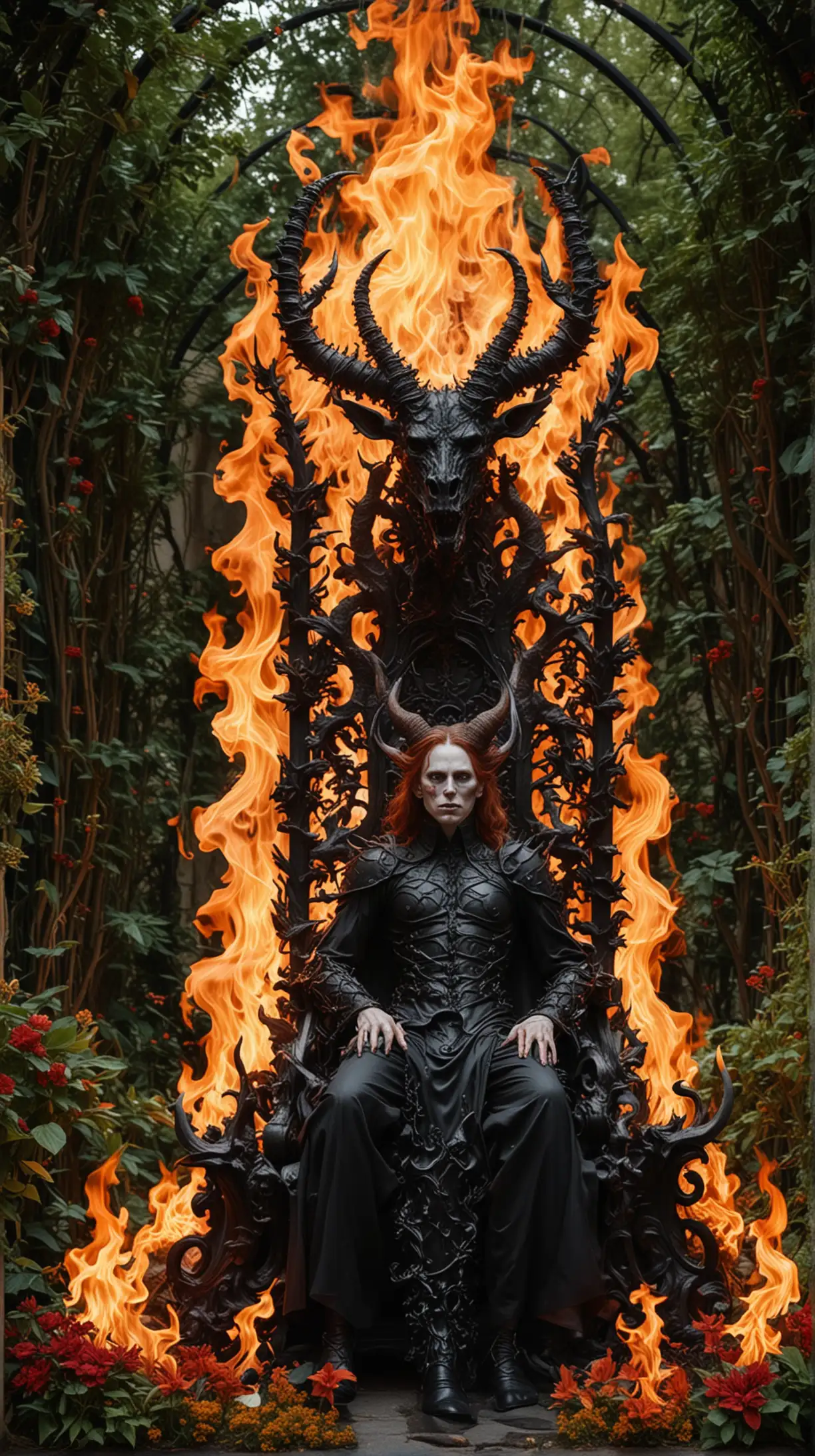 Demonic Entity on Iron Throne Amidst Botanical Inferno