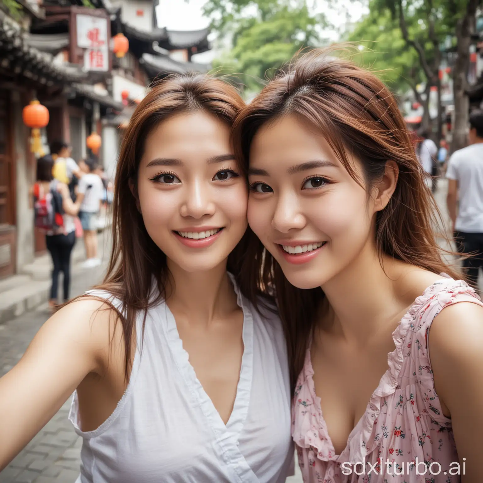 Two-Chinese-Women-Smiling-and-Posing-in-a-Scenic-Tourist-Area