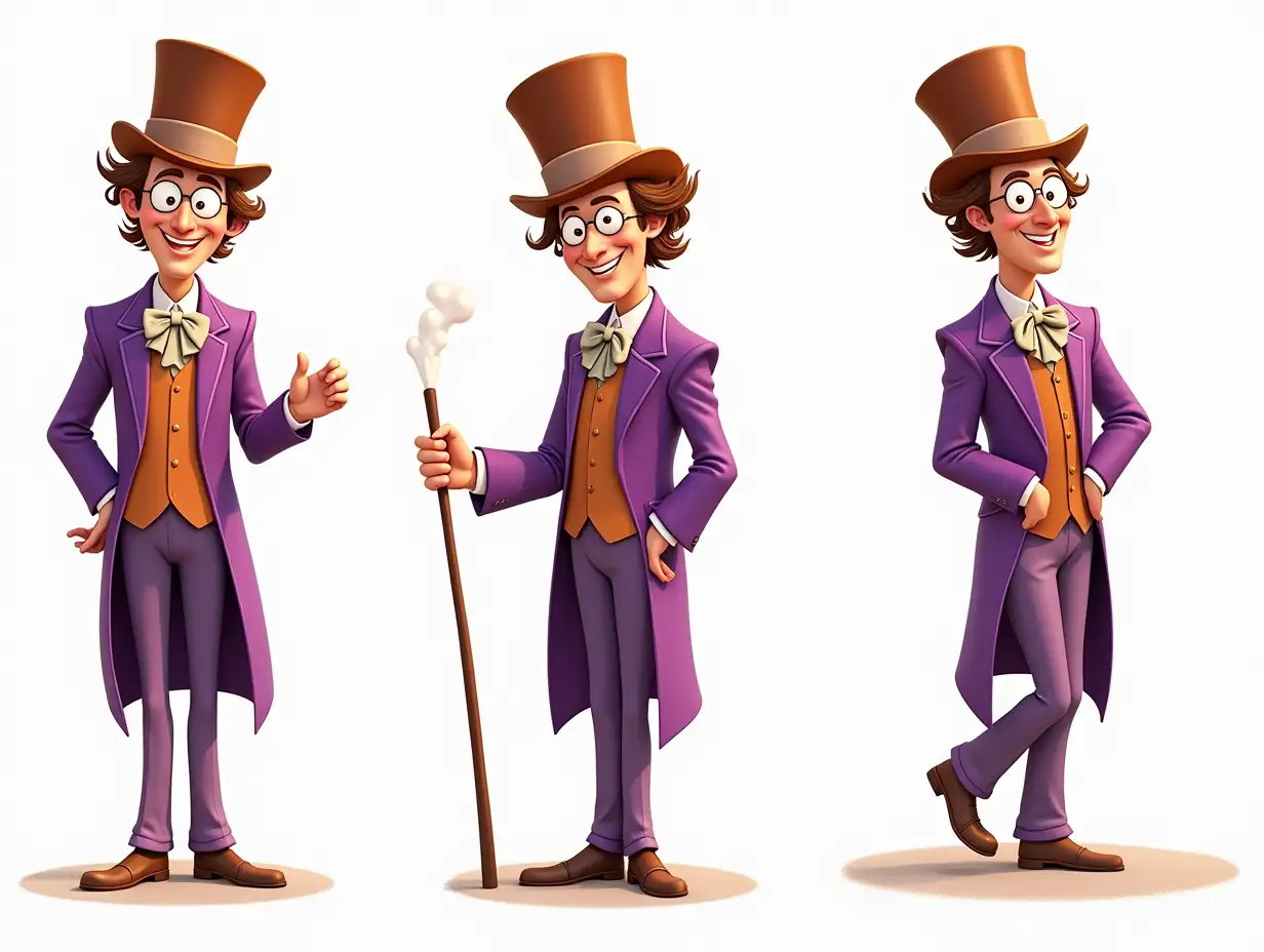 Create a cartoon character inspired by Willy Wonka from the 2005 film Charlie and the Chocolate Factory. The character should be dressed in a purple suit and hat. Be sure to include white glasses, as in the film. Draw Willy Wonka in different poses, preferably five poses and with different emotions. The atmosphere should be bright, conveying a sense of magic and adventure.