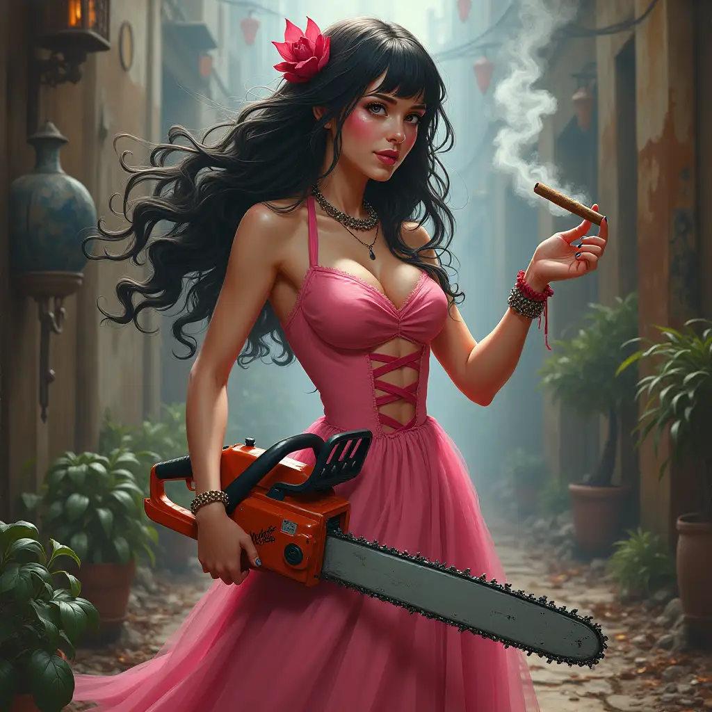 Girl-in-Pink-Dress-Wielding-Chainsaw-and-Cigar