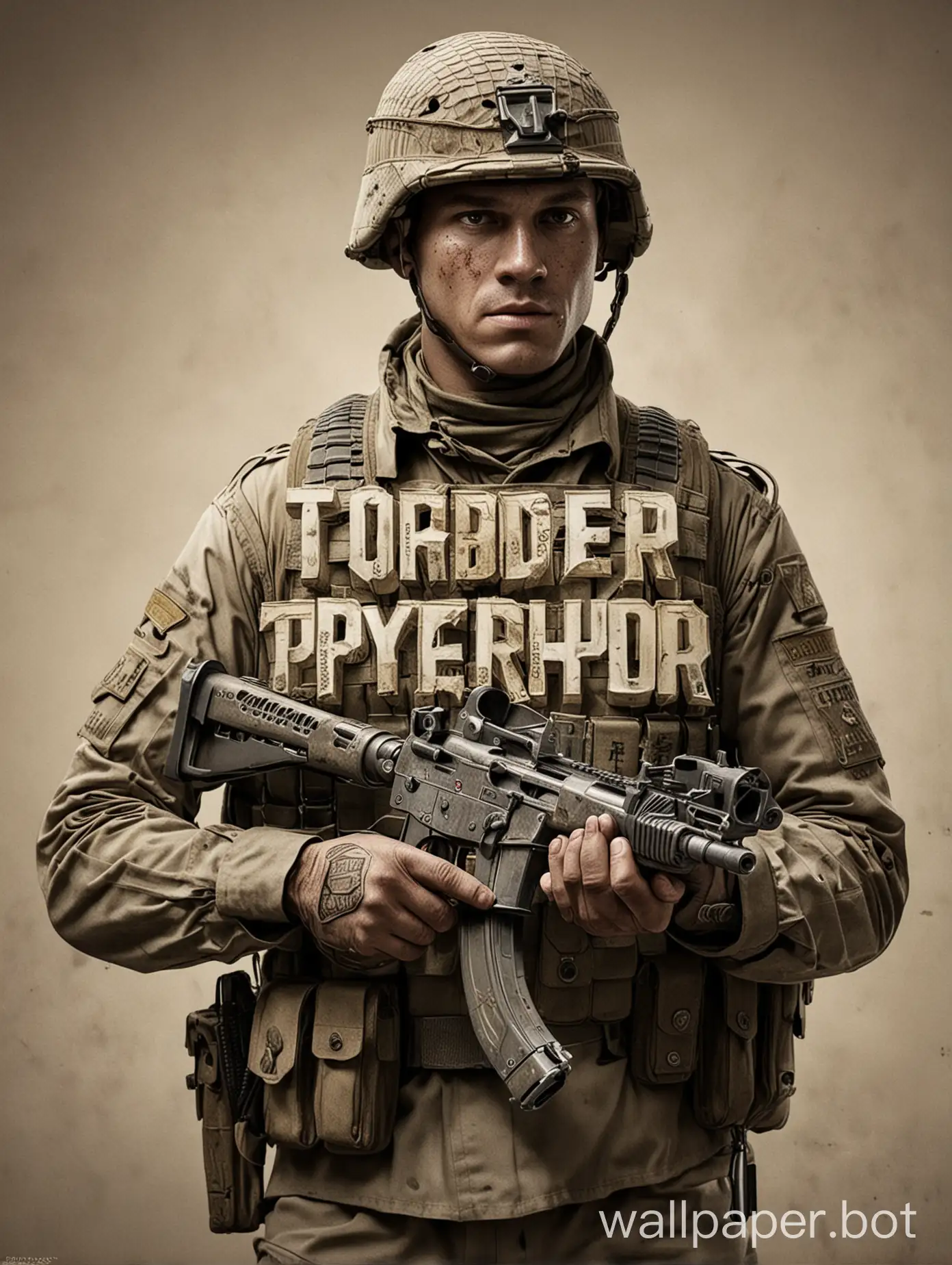 a soldier holding a pistol with letters on the side that say Toriderpython