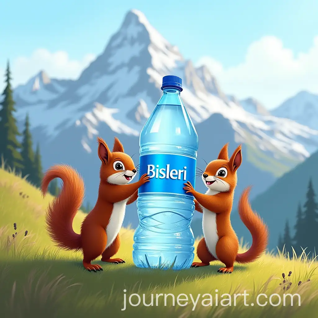 Two-Red-Squirrels-Holding-a-Large-Water-Bottle-on-a-Grassy-Hillside