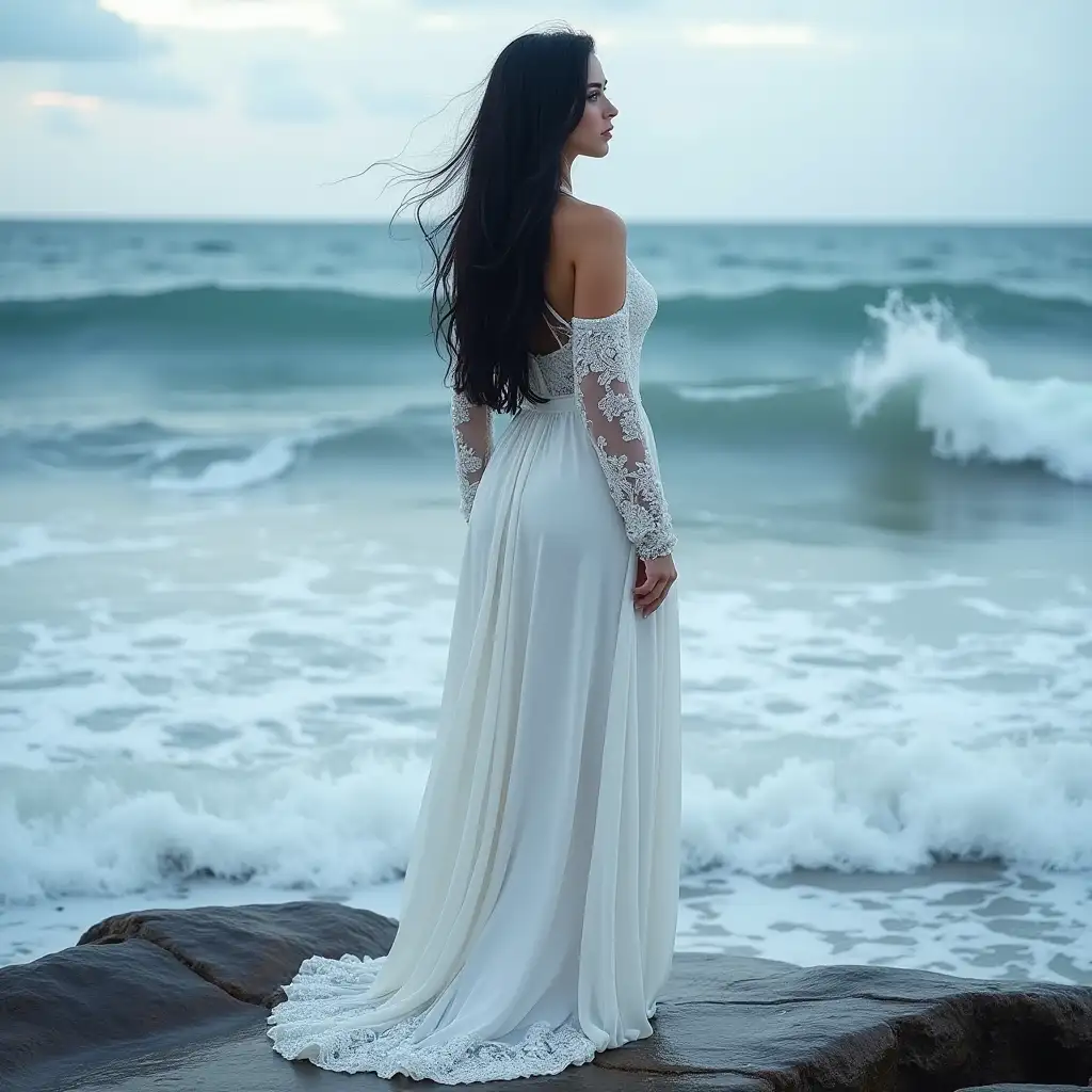 Russian girl, beautiful, beautiful face, sexy body, beautiful feet, white, very long hair, thick black hair, blue eyes, 19 years old, the dress is formed by the sea waves crashing into it, thick, heavy, tight, carved over the entire body, without high quality bras, long embroidered at the back, long sleeves, Beautiful naked shoulder, ((full body)), realistic picture, standing on a rock, soft, lead, shiny rocks, behind it the blue sea waves, the water colliding with the rocks, the water splashing, the air that flies with her hair, 8k, 3D, clear picture, without effects, without focus, the end of the dress merges with the sea waves.