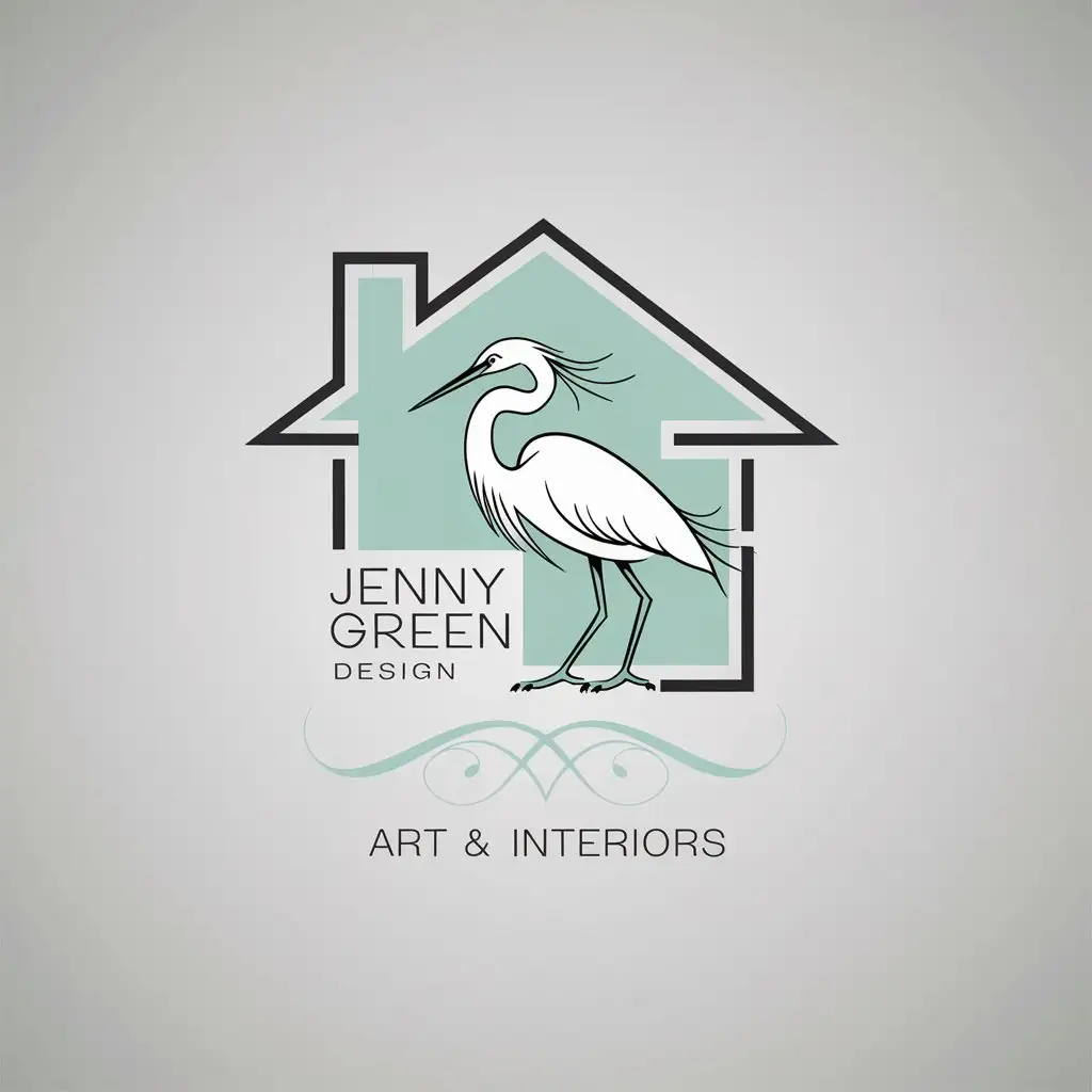 LOGO Design for Jenny Green Design Elegant Egret and Home Outline in White Black and Mint Green