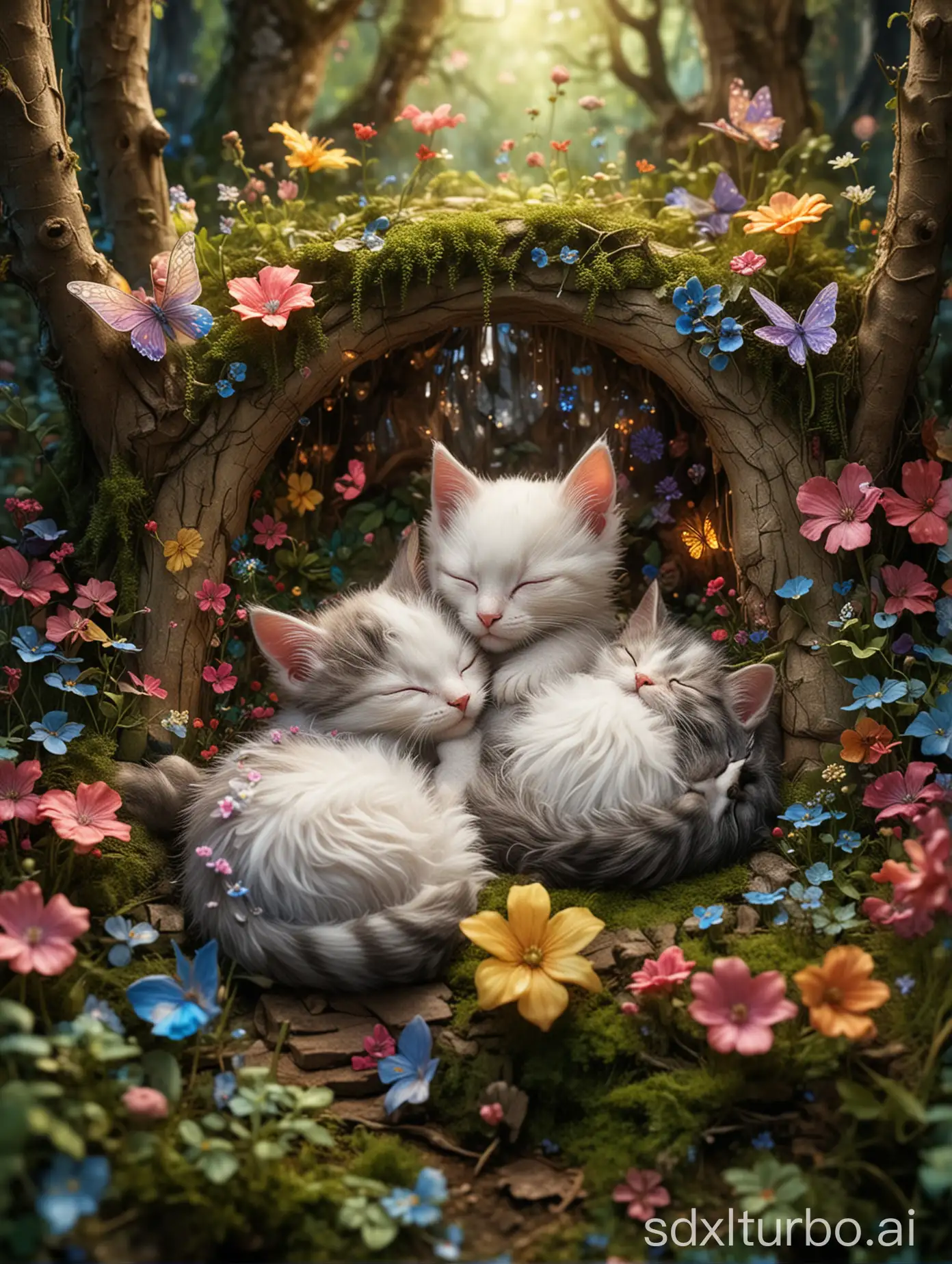 As realistic an image as possible, two small miniature kittens sleeping in a fairy forest, a colorful and pop fantasy fairy tale world with flower motifs, surrounded by fairies.