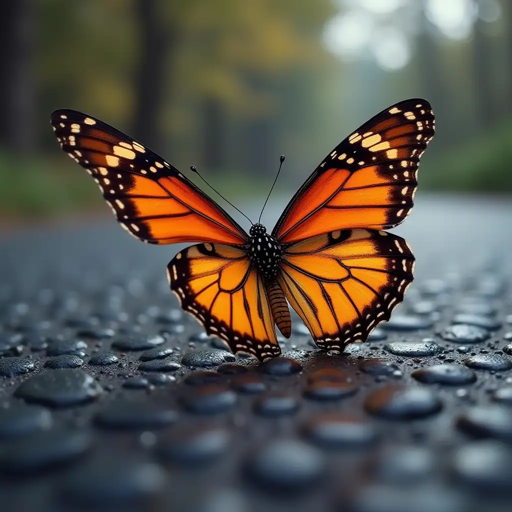 The urticaria butterfly on the asphalt is reflected in the pupil of the eye very close-up