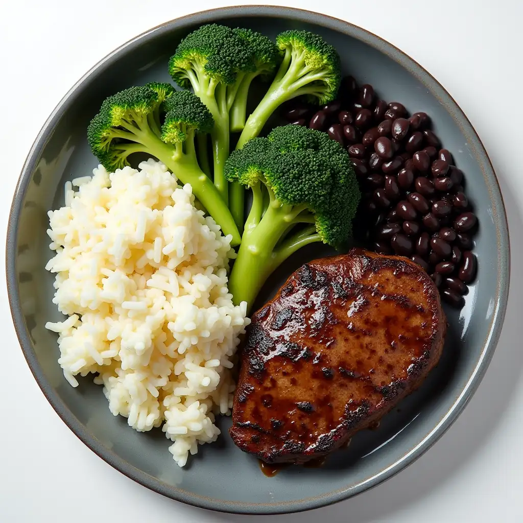 Top-View-of-a-Gourmet-Food-Plate-with-Filet-Mignon-Broccoli-Mashed-Potatoes-White-Rice-and-Black-Beans