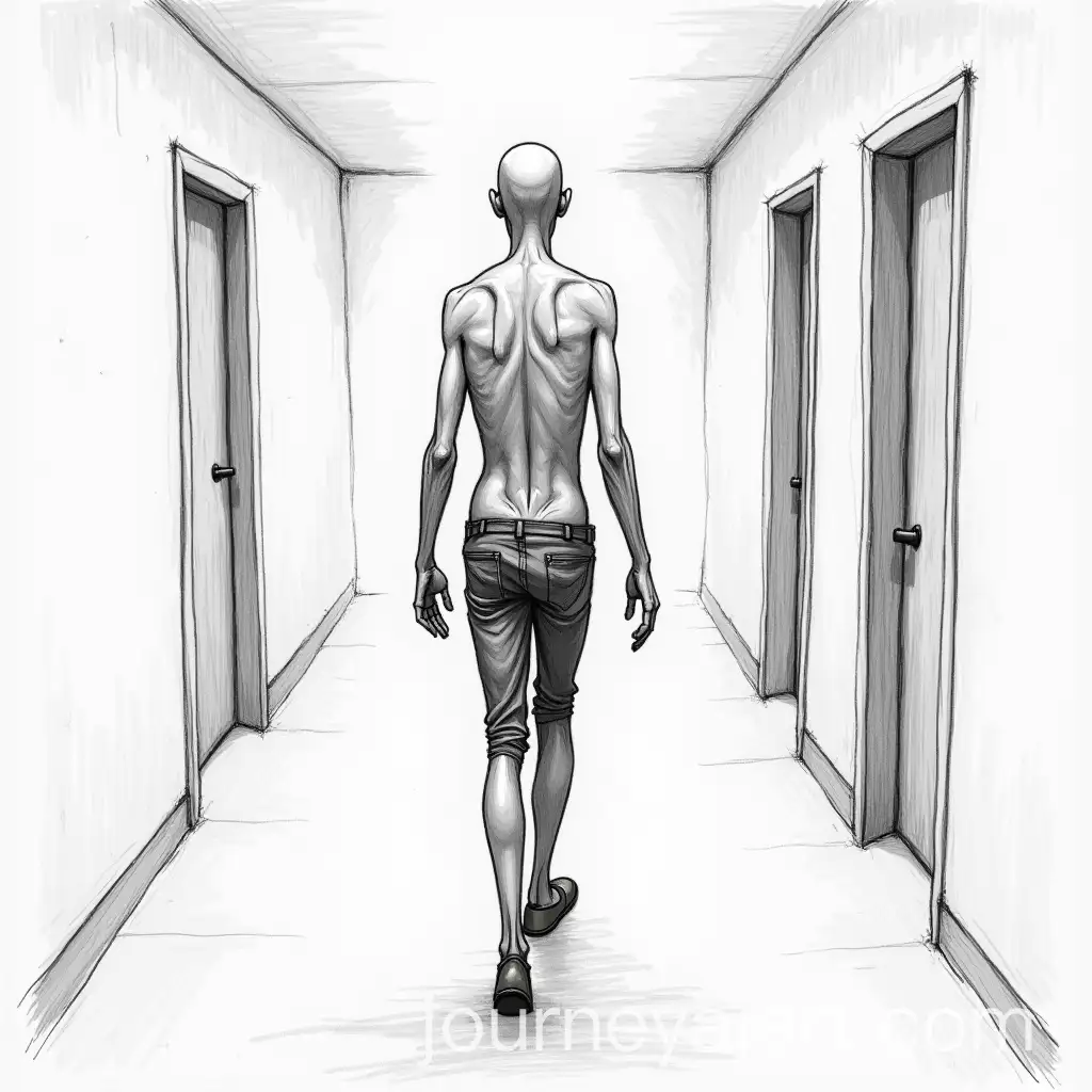 Skinny-Man-Walking-in-a-Hallway-in-Black-and-White