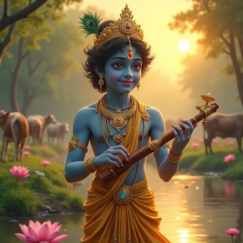 Divine-Youth-Playing-Flute-in-a-Peaceful-Riverside-Setting-with-Cows-and-Lotuses