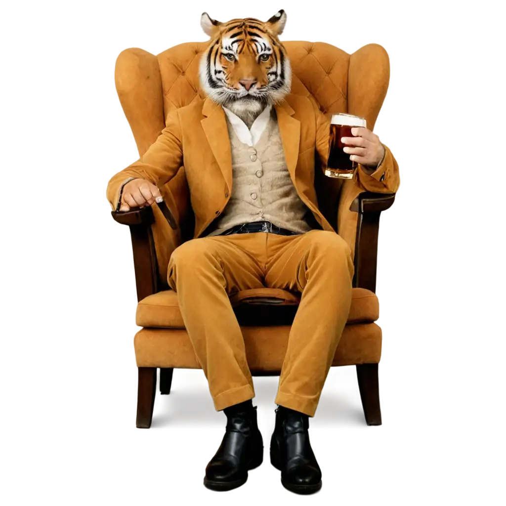 Tiger sitting with beer mug in armchair