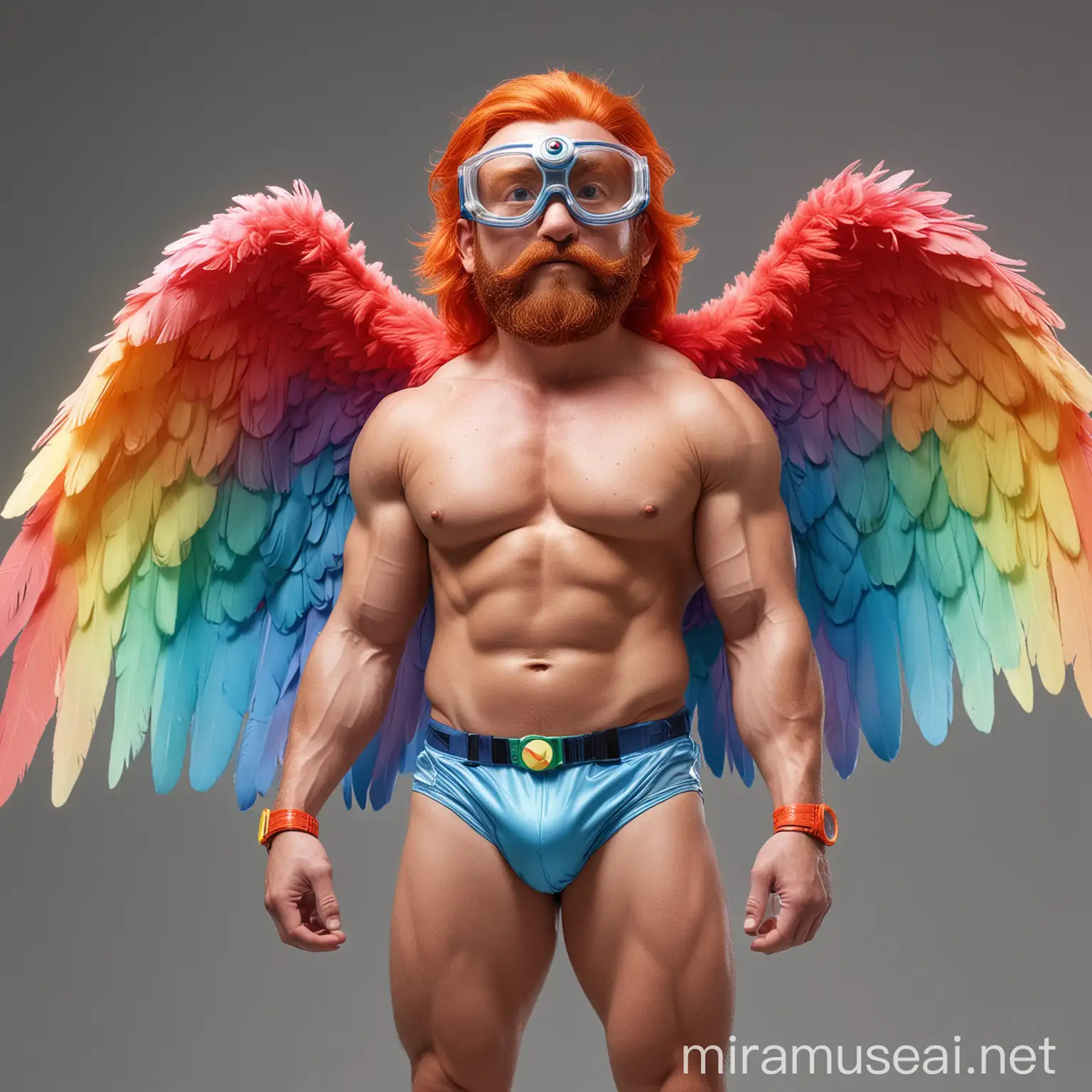 Colorful Bodybuilder Flexing in Rainbow Eagle Wings Jacket and Doraemon Goggles