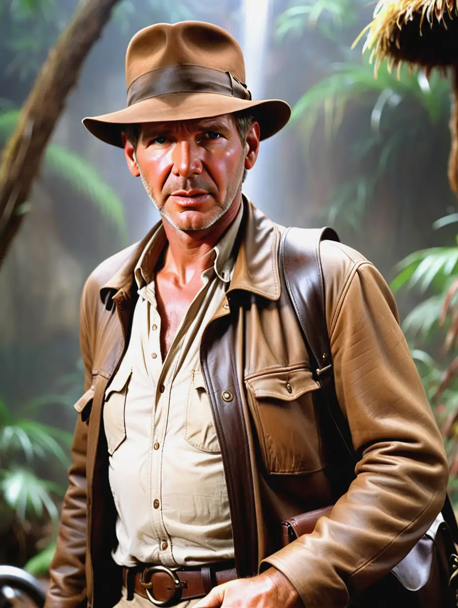 Harrison Ford Indiana Jones, stubborn, brown hat, white shirt, brown leather jacket, shoulder bag