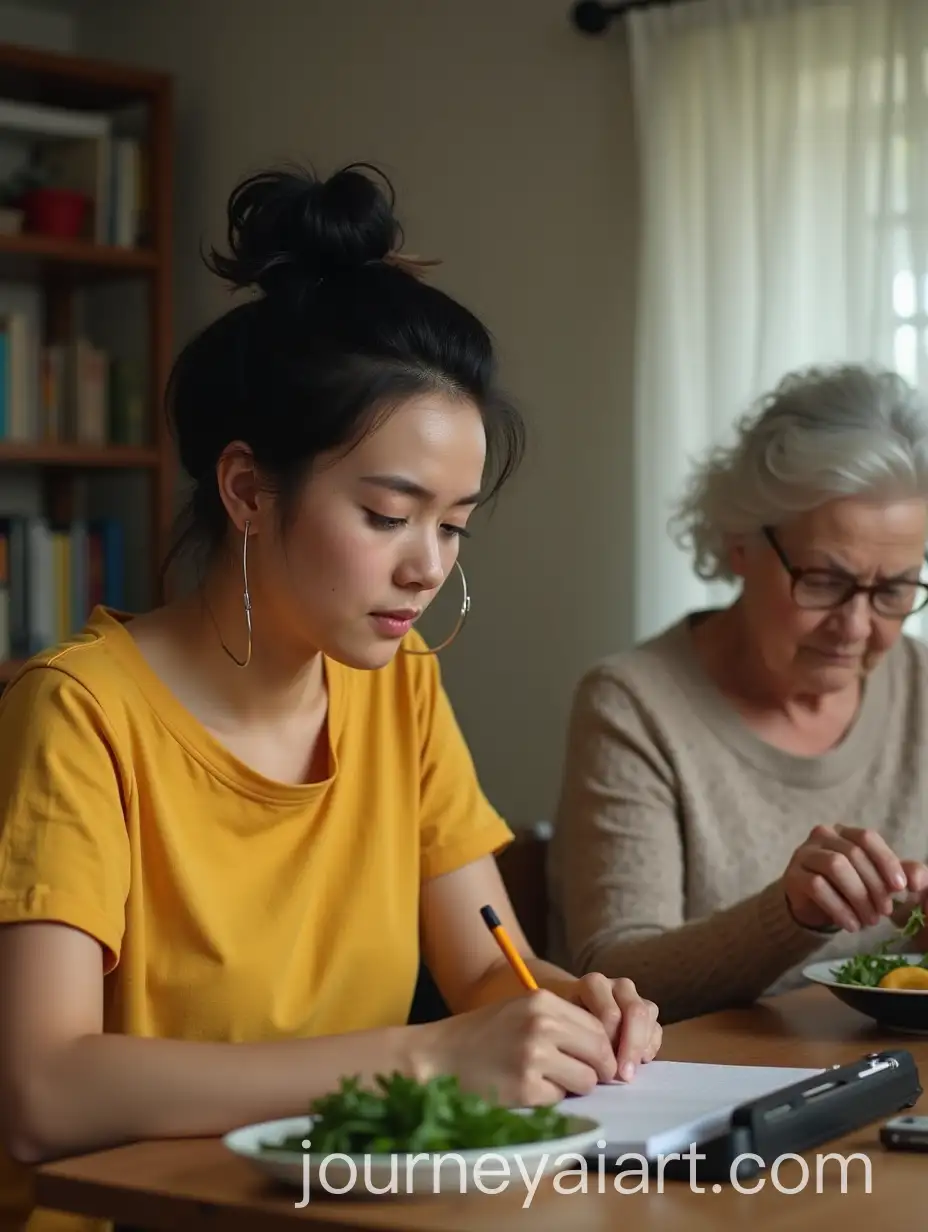 Young-Woman-Writing-While-Older-Lady-Picks-Green-Leaves-in-Dining-Room
