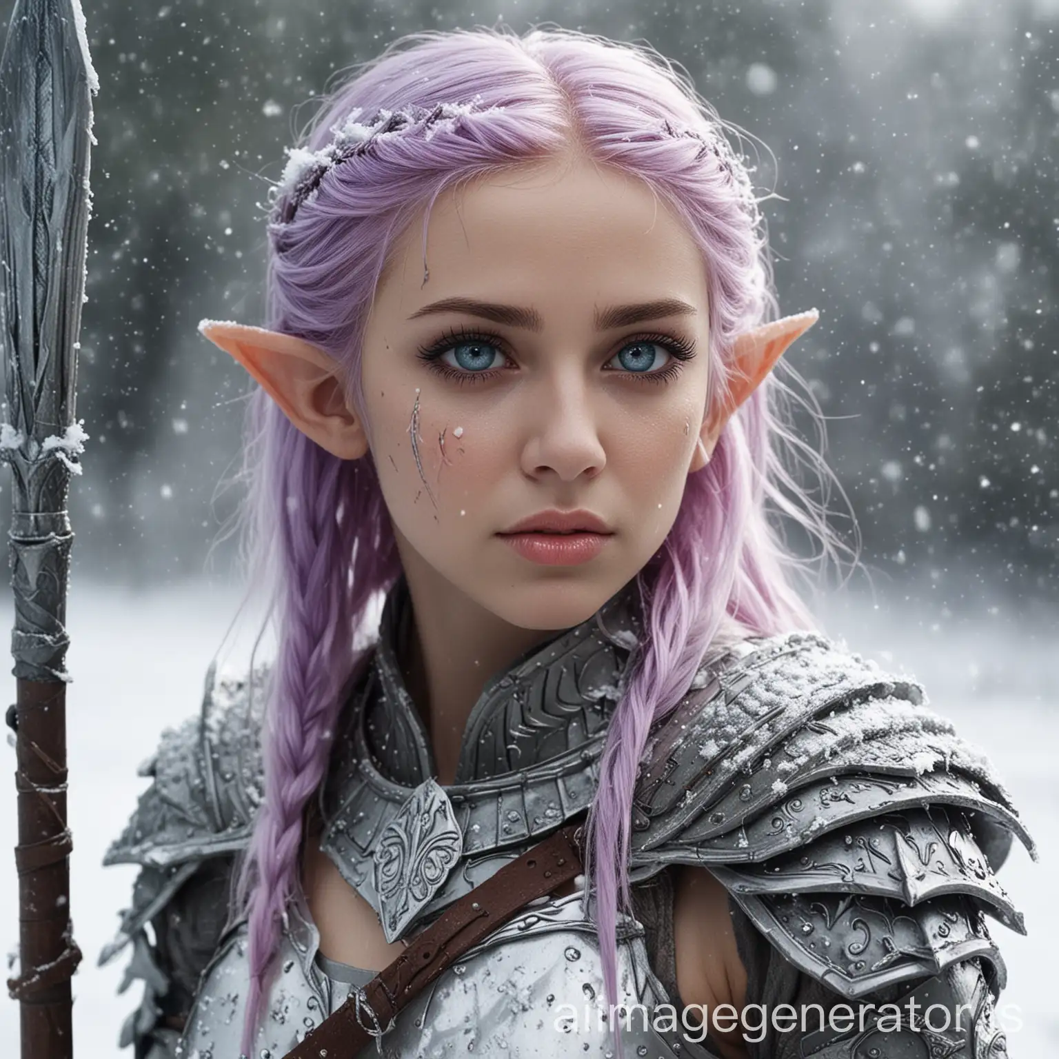 Elf female in the snow. She wears a scale armor and a spear. She has blu hair and violet eyes, a small nose and pink lips