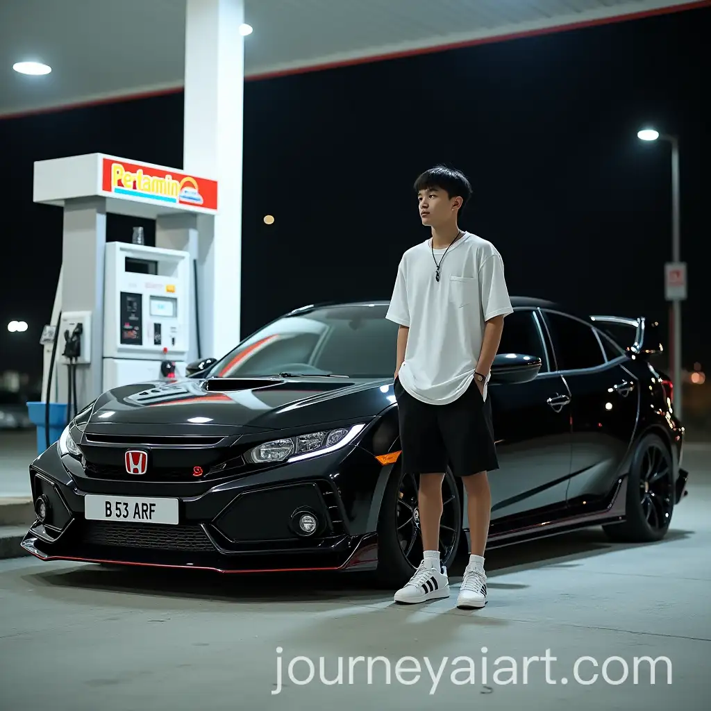 YoungAI-Image-Prompt-Expansion-Indonesian-Man-with-Custom-Honda-Civic-at-Night-Gas-Station