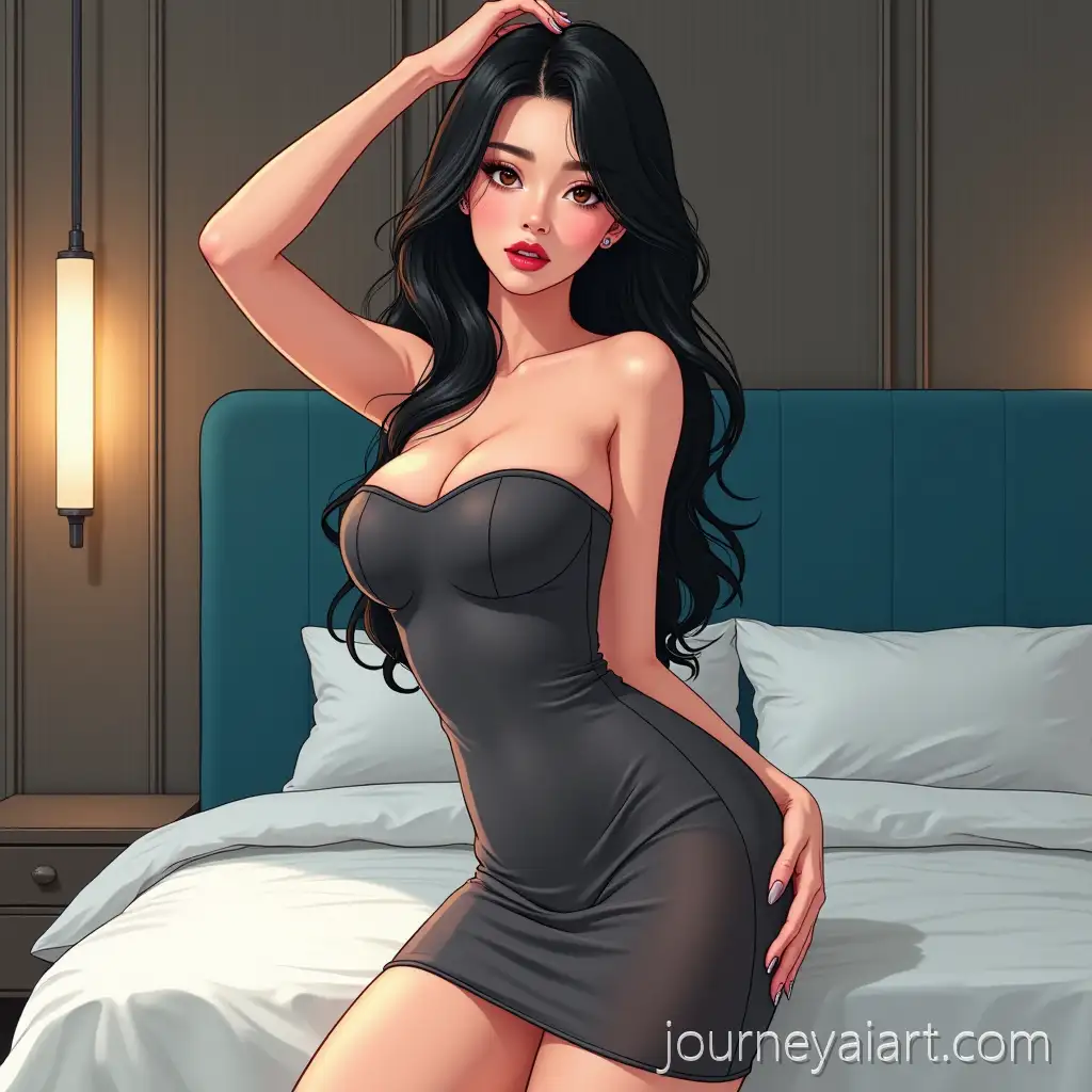 Manhwa-Style-Woman-in-SleElegant-woman-in-manhwaek-Charcoal-Grey-Dress-in-Modern-Bedroom