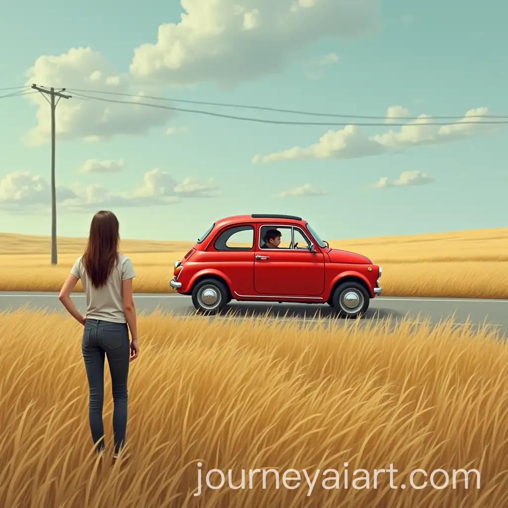 Girl-Watching-a-Red-Car-Driving-Past-a-Black-Smart-in-a-Scenic-Field
