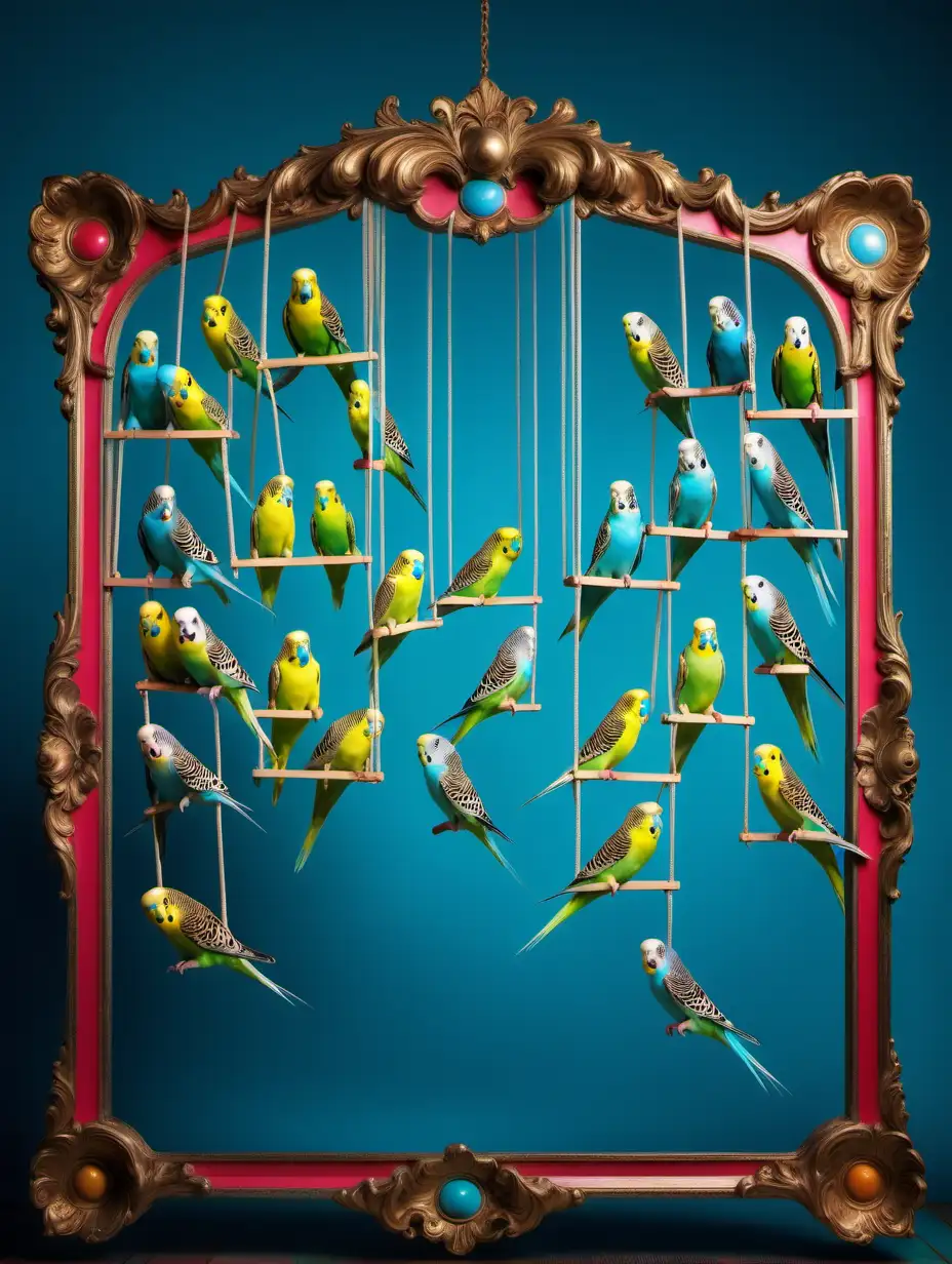 Colorful Budgies Surrounding Man on Circus Swing