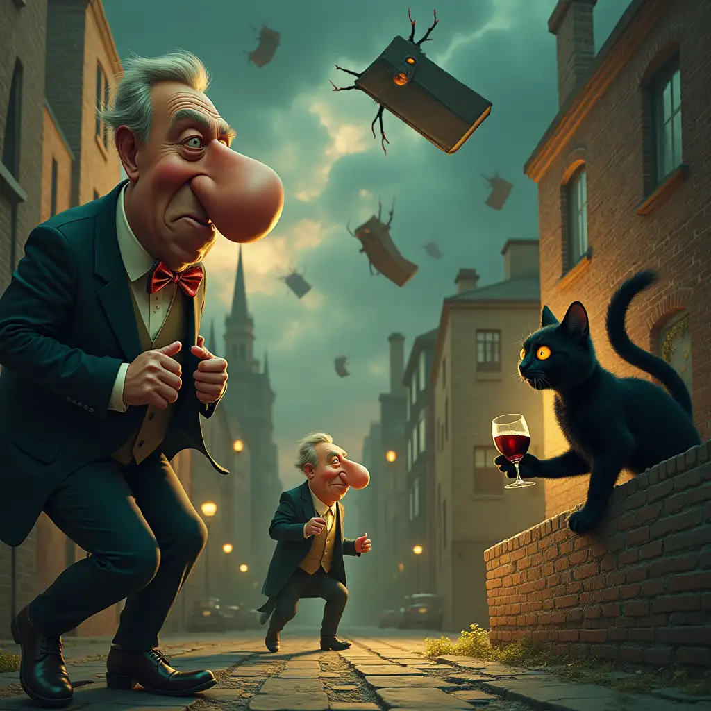 A surreal and grotesque literary scene inspired by classic literature, blending absurdity and dark humor. A distorted, fantastical cityscape with exaggerated, caricature-like characters: a giant human nose in a luxurious suit walking confidently through the streets, a man with insect-like features crawling on a wall, and a mischievous talking black cat with glowing eyes holding a glass of wine. The background features a mix of eerie and whimsical elements: twisted buildings, oversized books floating in the air, and a stormy sky with vibrant, unnatural colors. The mood is both unsettling and darkly comedic, with sharp contrasts between beauty and ugliness, reality and fantasy. Highly detailed, cinematic lighting, in the style of surrealism and gothic art, vibrant textures, 4K resolution.