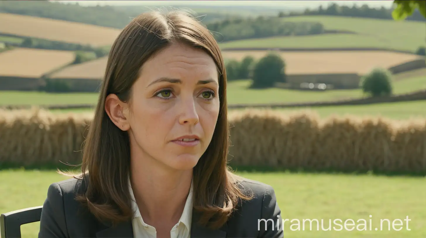 Woman Being Interviewed Outdoors with Countryside Background