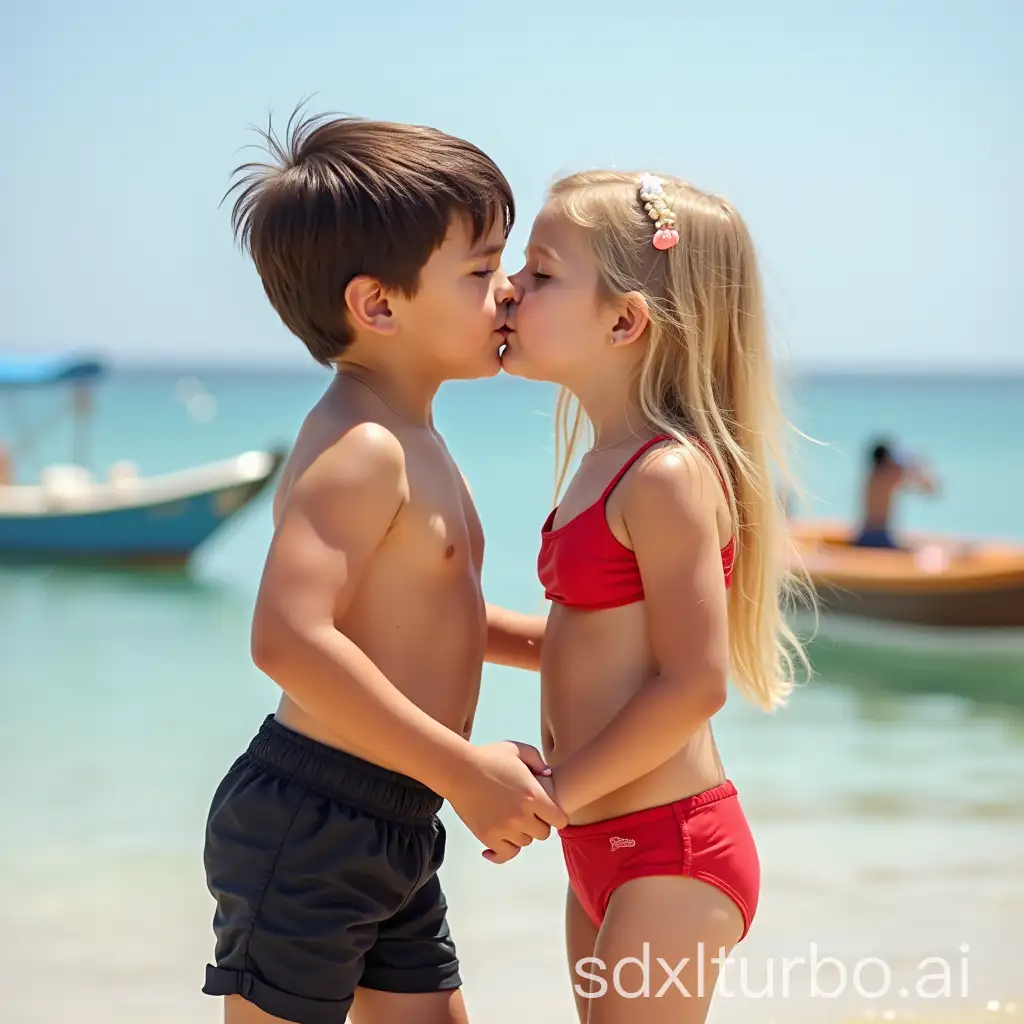 Little-Boy-and-Girl-Kissing-at-the-Beach-with-Boats-in-the-Background