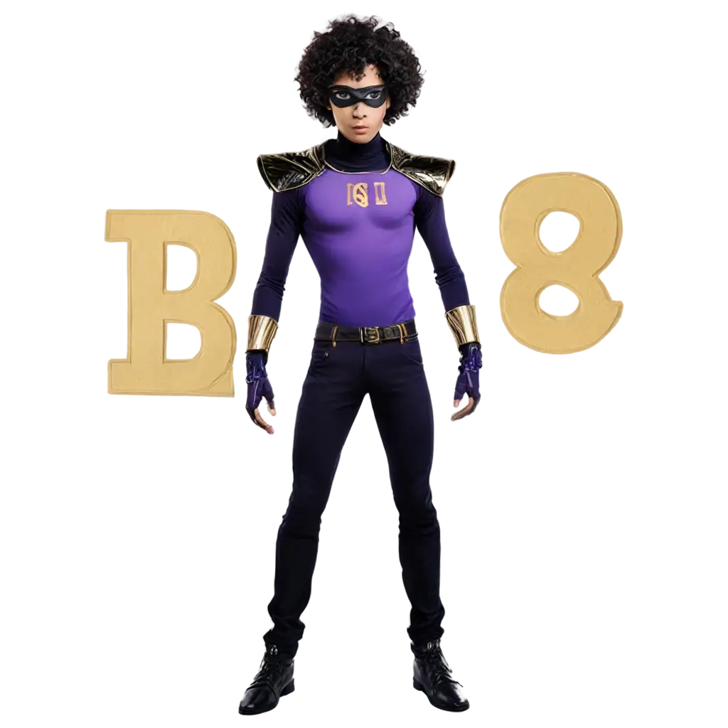 Anime-Super-Villain-PNG-Image-Featuring-a-Strong-Light-Skin-Black-19YearOld-with-Curly-Hair-Purple-and-Gold-Outfit-and-Mask-with-I-on-Chest