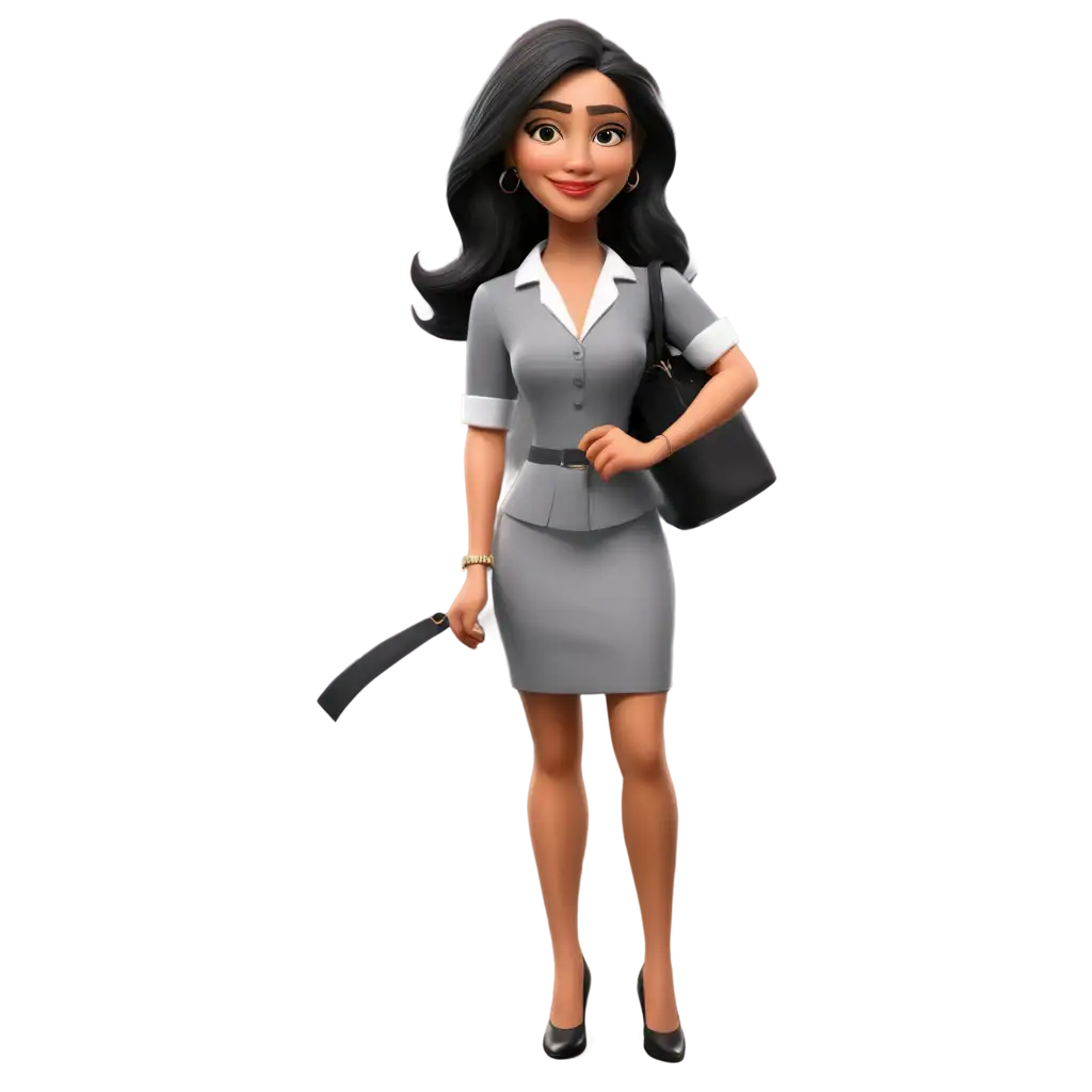 3D-Cartoon-Mature-Beautiful-India-Businesswoman-PNG-Image-with-Authentic-Grey-Attire-and-Confidence-Bag