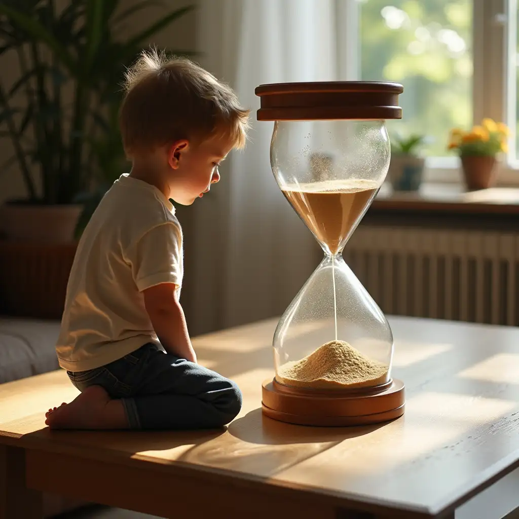 Boy-Kneeling-by-Coffee-Table-Watching-Sand-Timer-Full