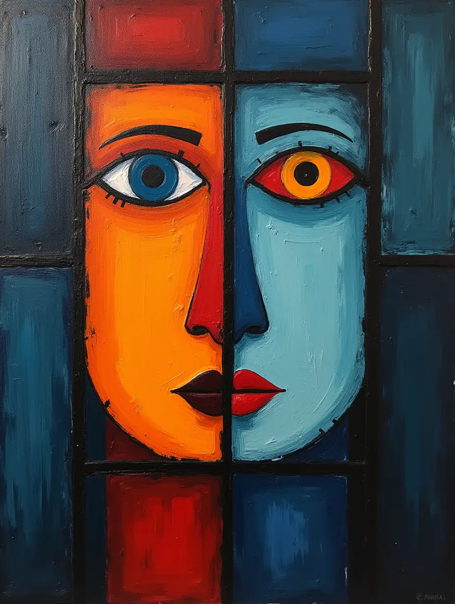 Picture in a grid with two faces by the window in the style of Kandinsky, Malevich, minimalism, simplify for beginner artist acrylic many colors, constructivism abstractionism, gloomily,