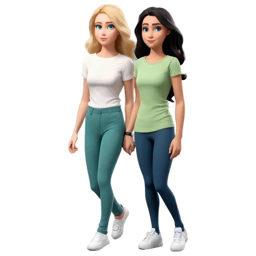 Cartoon-PNG-of-a-16YearOld-Boy-and-14YearOld-Girl-Walking-with-Transparent-Background-Wavy-Black-and-Brownish-Blond-Hair-with-Green-and-Blue-Eyes