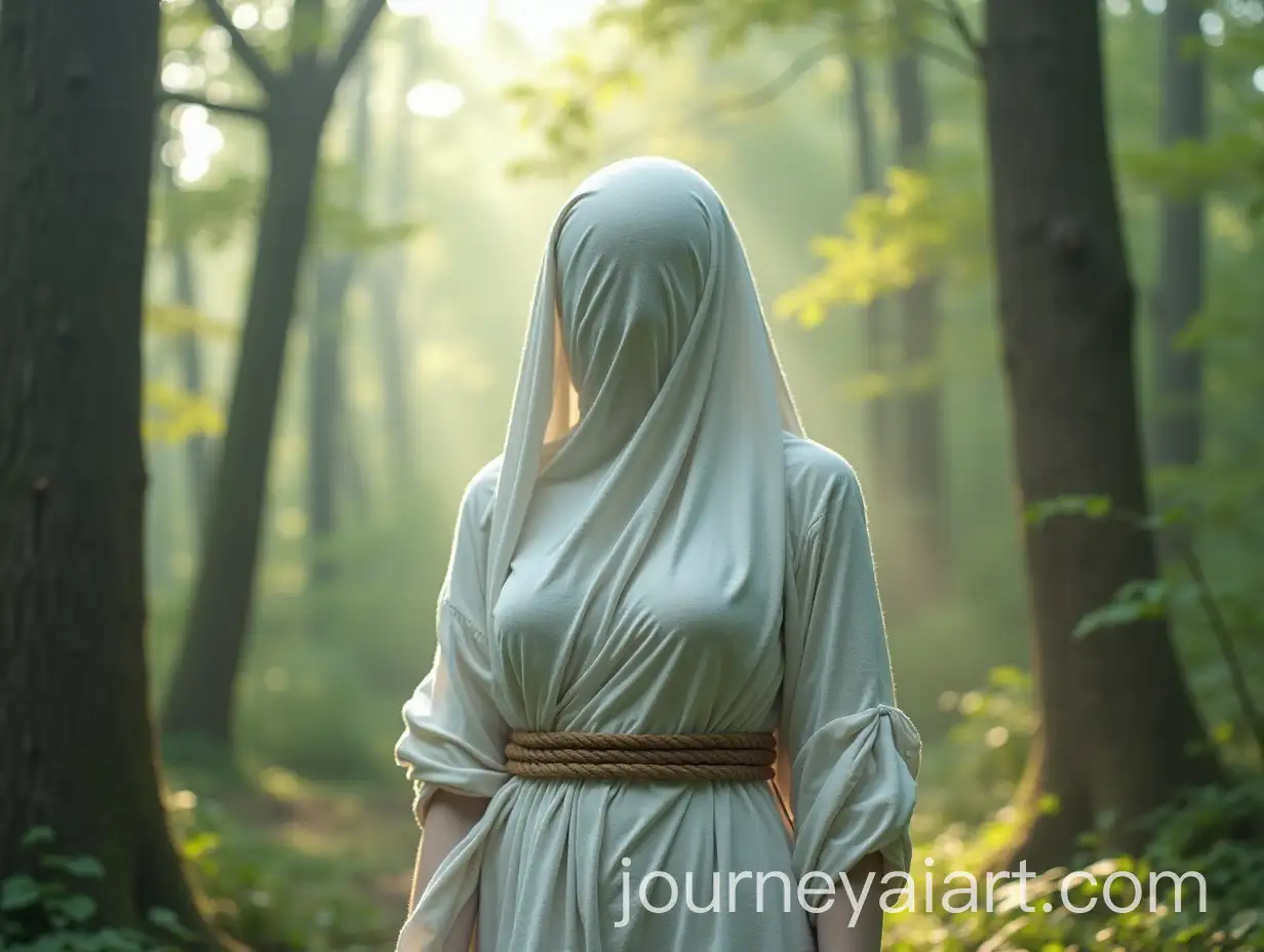 Surreal-Woman-Wrapped-in-White-Cloth-in-Enchanting-Nature