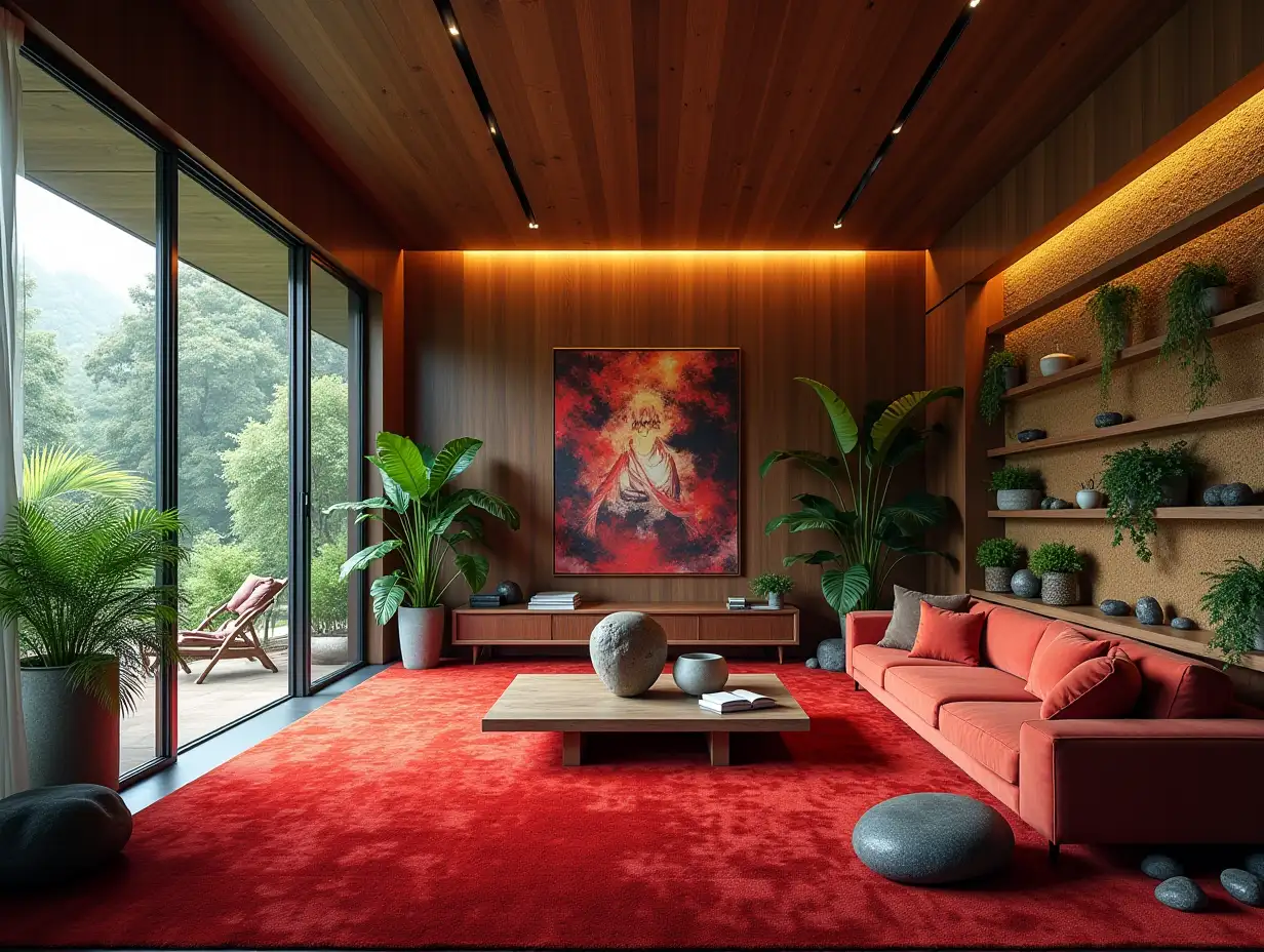 Large modern living room with red, carpet statue, lighting with furniture many hanging plants with Attack on Titan image on the wall Zen-Garden with carefully tended rocks, a meditative 180 degrees shot 8K resolution Vibrant Colors