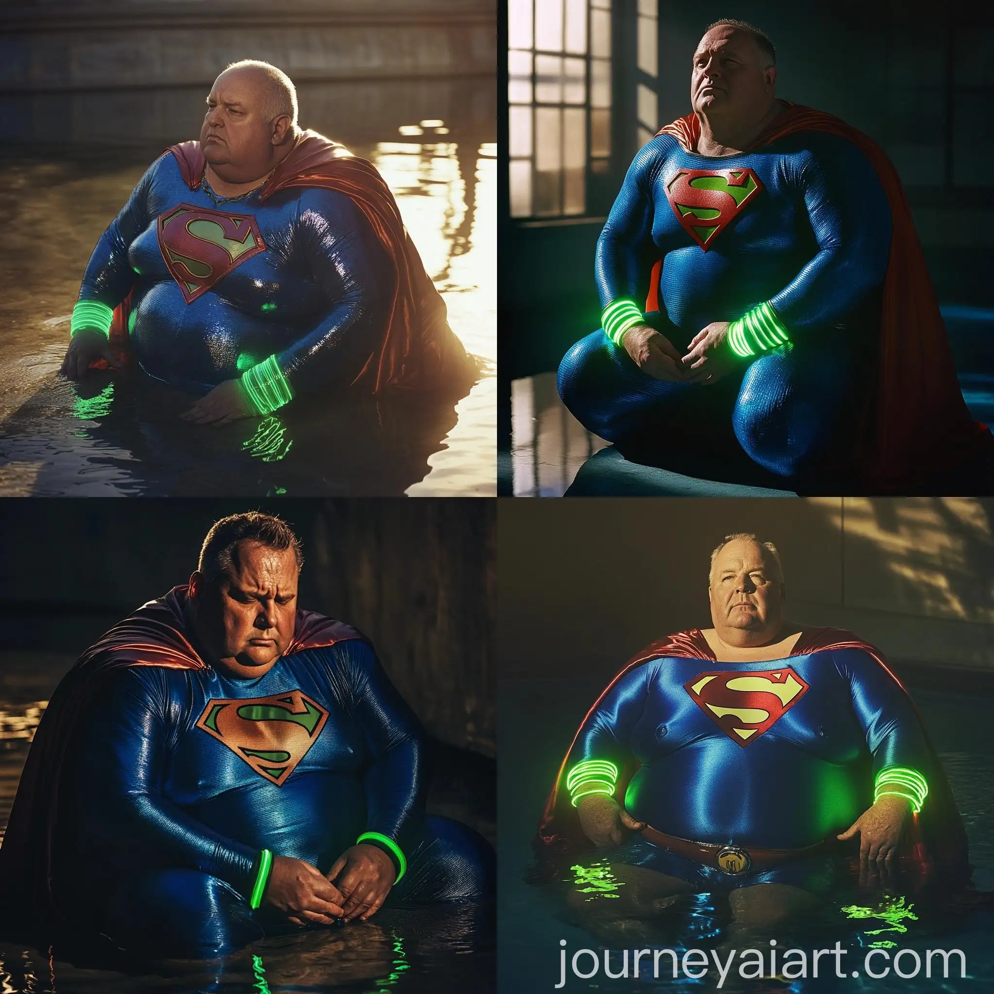 Elderly-Man-in-Superhero-Costume-with-Glowing-Cuffs-and-Cape-in-Sunlit-Pool