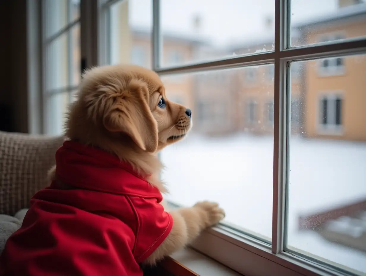 a golden retriever puppy with a red coat, looking out the window at a snowy courtyard, sitting on a chair.
