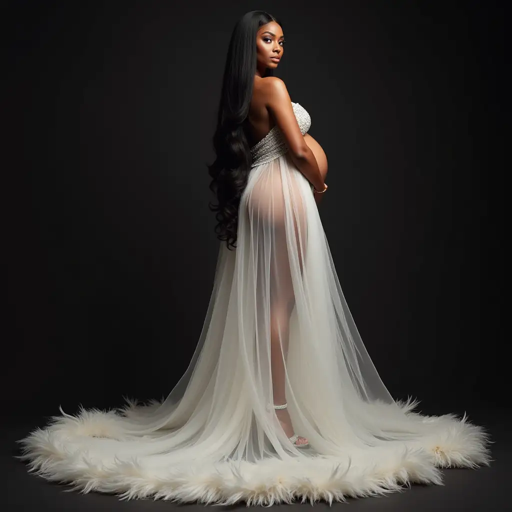 Pregnant-African-American-Woman-in-Sheer-White-Dress-with-Feathers-Glitter-and-Long-Straight-Hair