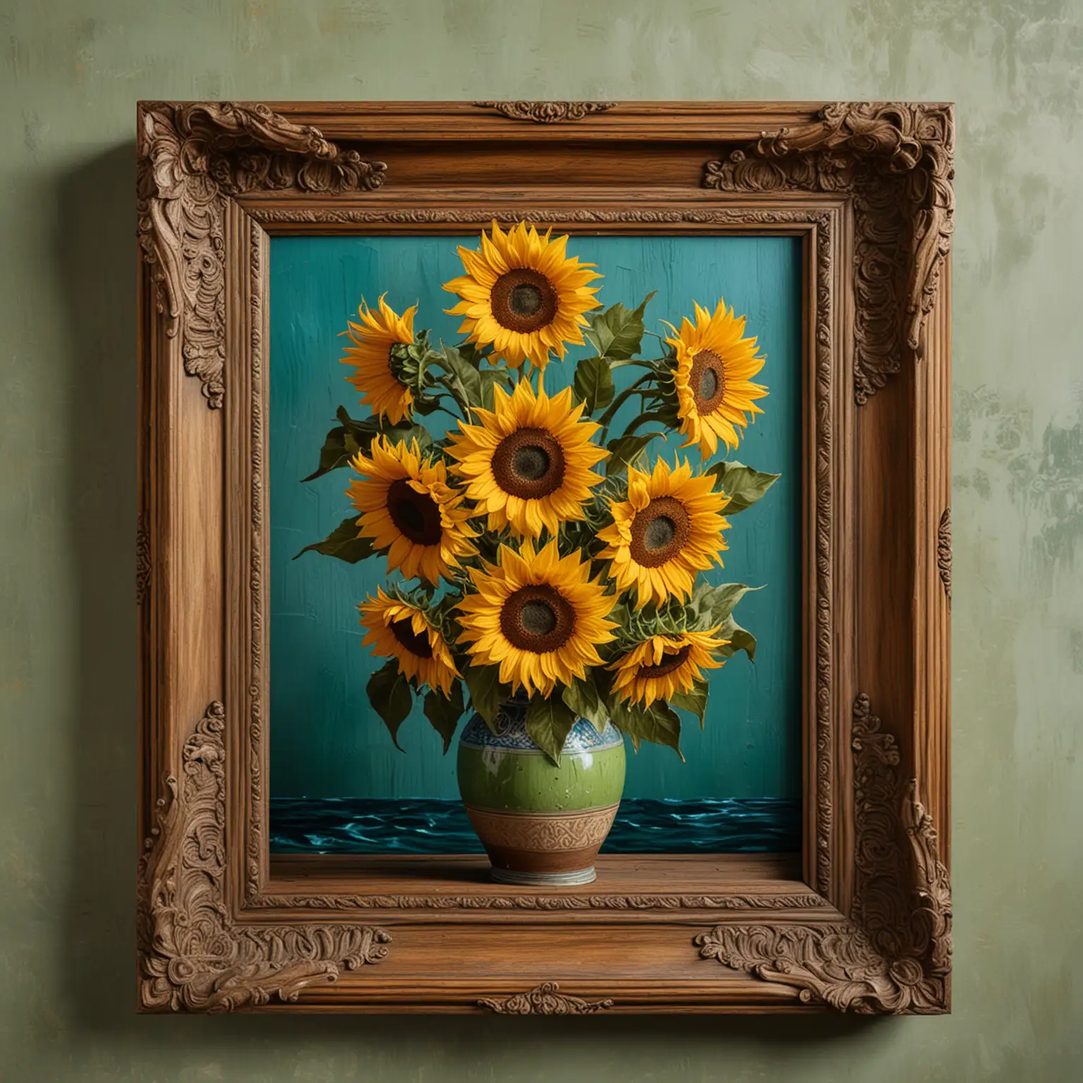 Classic-Wooden-Framed-Painting-of-Bright-Green-Vase-with-Sunflowers