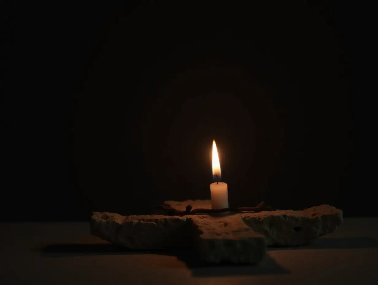 on a dark background a candle is burning on a stone cross