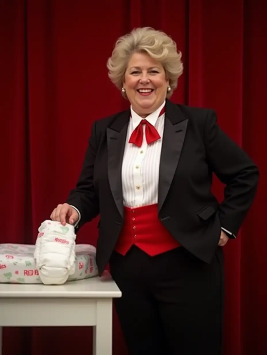 Plump-Caucasian-Woman-in-Orchestra-Tuxedo-Preparing-Diaper-for-Magic-Show