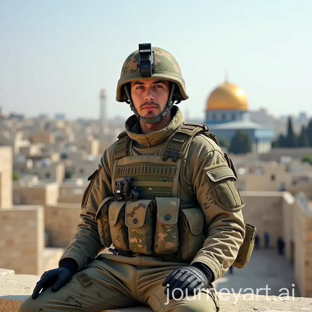 Soldier-in-Camouflage-Uniform-with-Dome-of-Rock-in-Palestine-Background