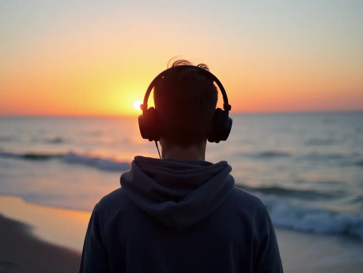 Create a serene scene of a person standing by the ocean at sunset, wearing headphones and enjoying the moment. The figure, dressed in a hoodie, is seen from behind, gazing at the glowing horizon where the sky transitions from warm orange to soft blue hues. The calm water reflects the colors of the sunset, emphasizing the tranquil and meditative atmosphere. Focus on capturing the peaceful connection between the individual and nature