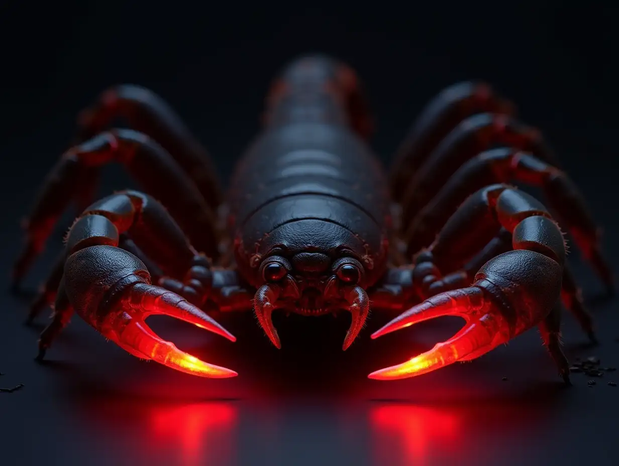 scorpion, black body, red luminated details, animated red glowing tongs and sting, front view