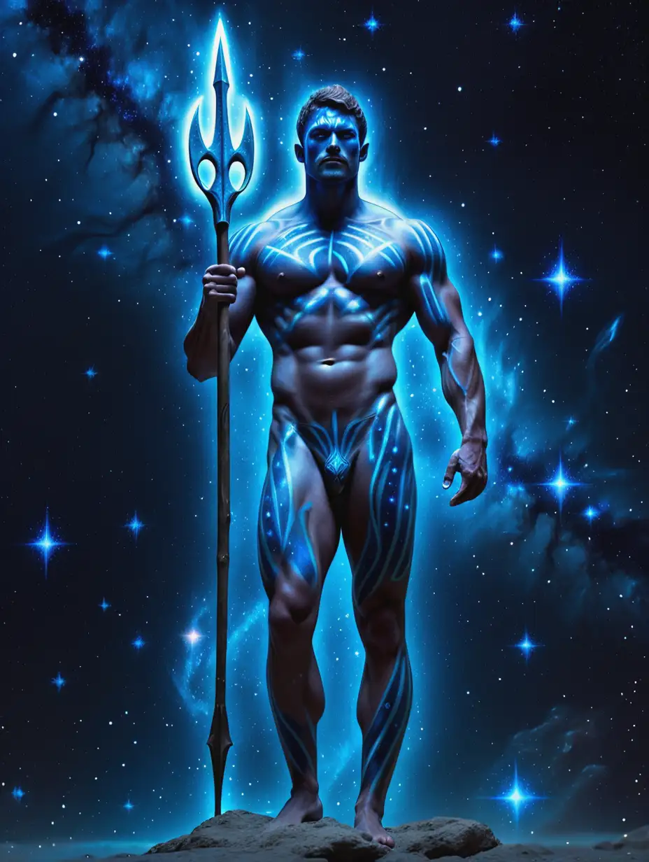 Muscular-Man-with-Glowing-Blue-Body-Holding-Trident-Spear-in-Starry-Galaxy