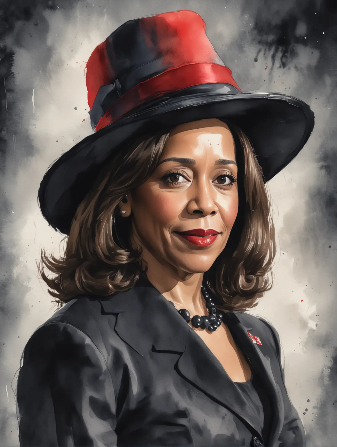 Young-Kamala-Harris-in-Watercolor-Portrait-with-Black-Formal-Dress-and-Red-Hat