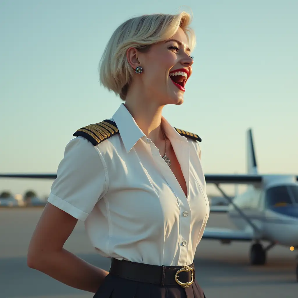 white sweden lady, in white deep-necked pilot uniform button shirt, laughing with her mouth open, red lipstick accentuating her smile,belt on waist, big wide hips, chest are fully grown, jewerly, short hair, HD, screaming at plane, side view, photo-realism