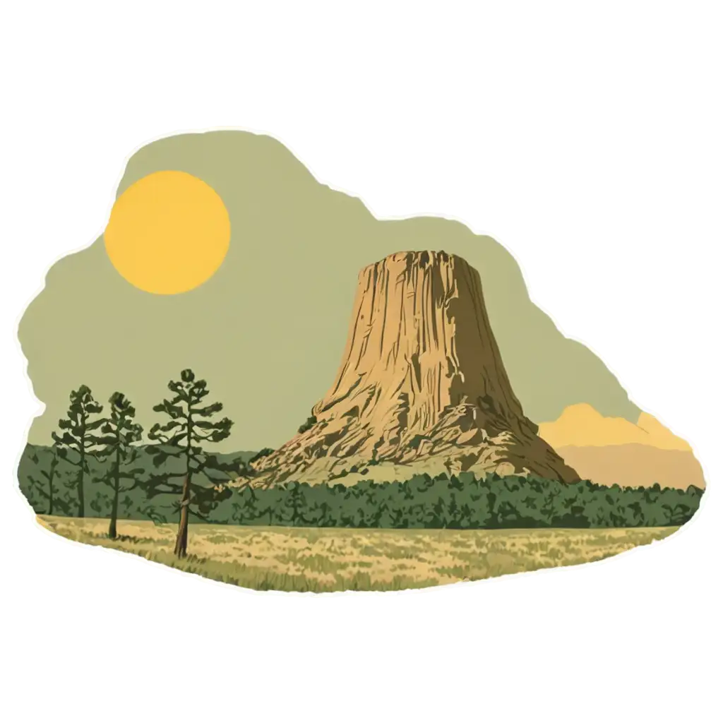 A vibrant sticker design featuring Devils Tower, showcasing its majestic presence and unique geological formations. Use a bold color palette and dynamic composition to create a visually appealing and eye-catching sticker. Include elements that highlight the natural beauty and significance of Devils Tower, such as surrounding landscapes, wildlife, or celestial elements. Ensure the design is clear, crisp, and suitable for printing in various sizes. Include the text 'Devils Tower' placed at the bottom of the image, in a clear and readable font that complements the overall design.