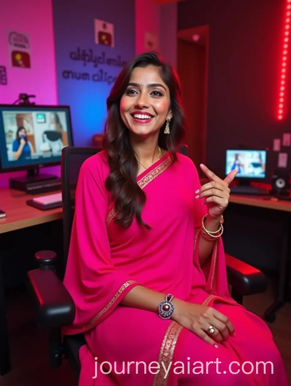 Pakistani-Young-Woman-in-YouTube-Studio-with-Hot-Pink-Saree-and-Confident-Smile