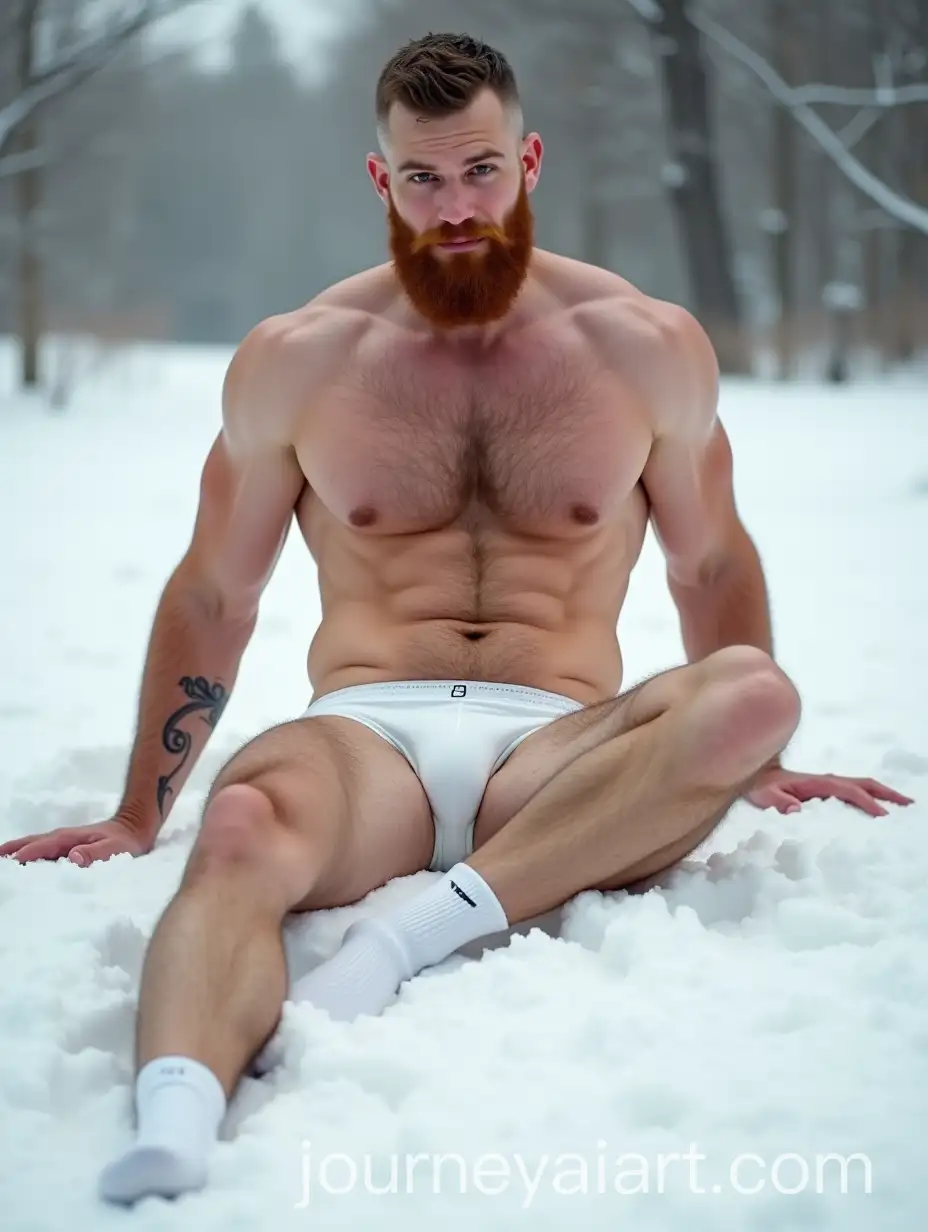 Beefy-Ginger-Man-Relaxing-in-the-Snow-with-Pale-Skin-and-White-Briefs